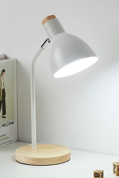 USB LED Masa Lambası Beyaz Ahşap Tabanlı Modern Dekoratif, Şık Esnek Boyunlu Ofis ve Çalışma Lambası
