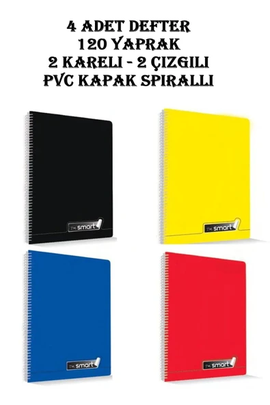 I'M Smart Defter A4 Okul Defteri 120 Yaprak 4 ADET 2 KARELİ 2 ÇİZGİLİ Spralli Pp Kapak Defter Seti