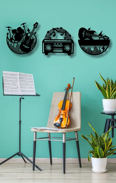 Kaset Gitar Bateri Desenli 3’lü Ahşap Müzik Duvar Dekoru - 3