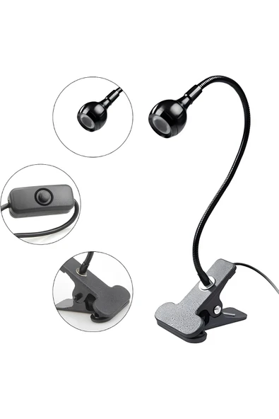 USB COB LED Siyah Mandallı Akrobatik Gövdeli Kitap Okuma & Çalışma Masa Lambası