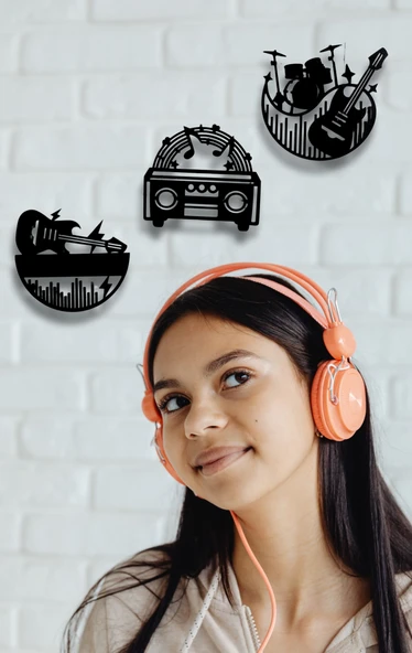 Kaset Gitar Bateri Desenli 3’lü Ahşap Müzik Duvar Dekoru - 2