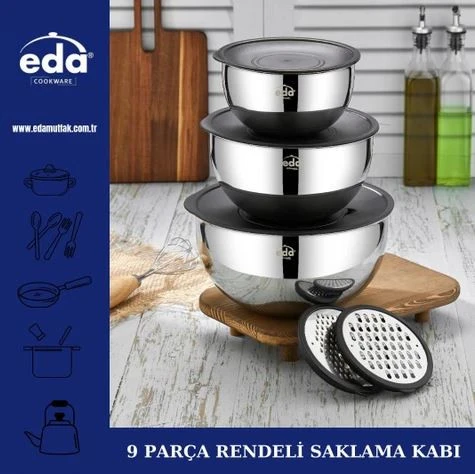 9 Parça Rendeli Çelik Saklama Karıştırma Kabı