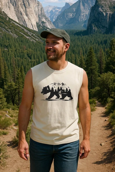 Erkek %100 Pamuk Bisiklet Yaka Bear Baskılı Kolsuz T-shirt
