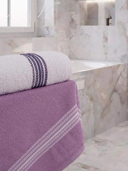 Banyo El Havlusu Seti 4 Lü Lila - Beyaz Elvin – Yumuşak Doku (70X140X2 /50X90CMX2) - 3