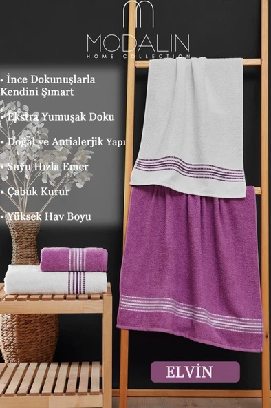 Banyo El Havlusu Seti 4 Lü Lila - Beyaz Elvin – Yumuşak Doku (70X140X2 /50X90CMX2) - 6