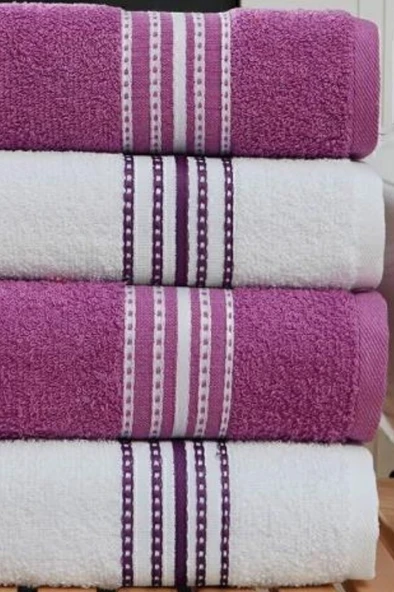 Banyo El Havlusu Seti 4 Lü Lila - Beyaz Elvin – Yumuşak Doku (70X140X2 /50X90CMX2) - 5