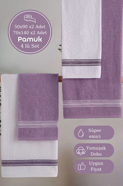 Banyo El Havlusu Seti 4 Lü Lila - Beyaz Elvin – Yumuşak Doku (70X140X2 /50X90CMX2)