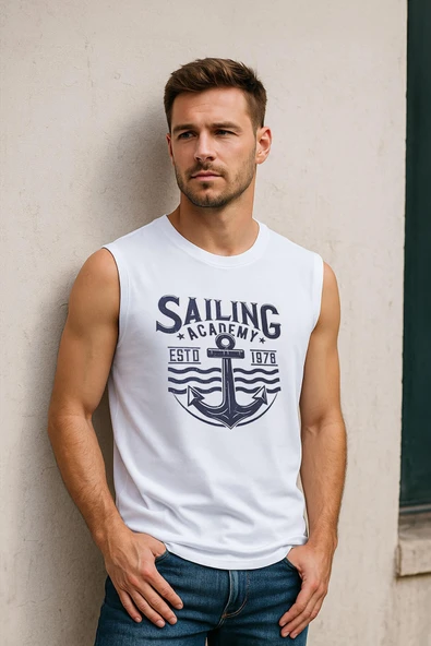 Erkek Bisiklet Yaka Baskılı Beyaz Kolsuz T-shirt