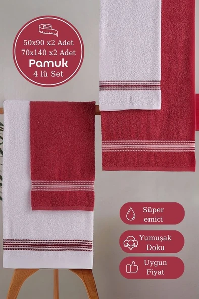 Banyo El Havlusu Seti 4 Lü Bordo - Beyaz Elvin – Yumuşak Doku (70X140X2 /50X90CMX2)