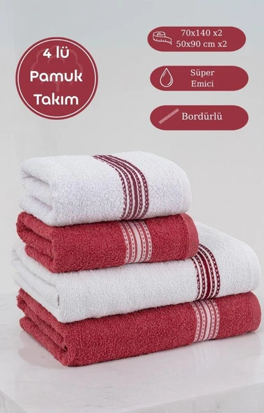 4'lü Pamuk Banyo - El Havlusu Seti Elvin 70x140cm X2 / 50x90cm X2 Bordo Beyaz - 1