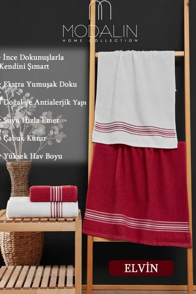 Banyo El Havlusu Seti 4 Lü Bordo - Beyaz Elvin – Yumuşak Doku (70X140X2 /50X90CMX2) - 5