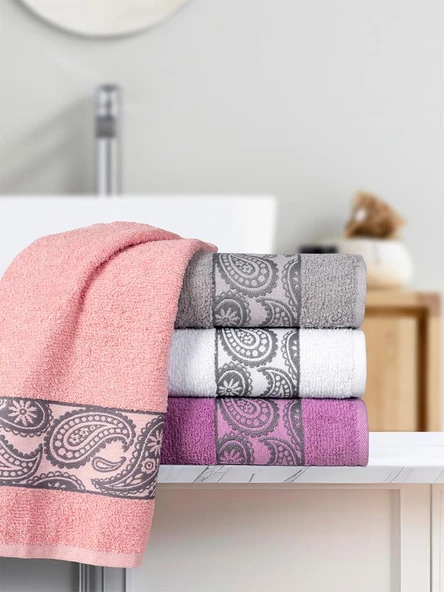 4 lü Pamuk Şal Havlu Seti Jakarlı Yumuşak Doku - Renkli 50x90 cm - 3