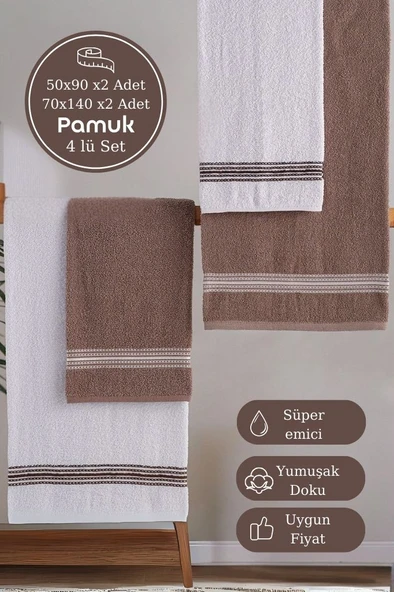 Banyo El Havlusu Seti 4 Lü Kahverengi - Beyaz Elvin – Yumuşak Doku (70X140X2 /50X90CMX2) - 1
