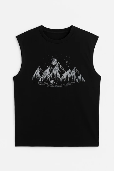 Erkek Bisiklet Yaka Baskılı Siyah Kolsuz T-shirt