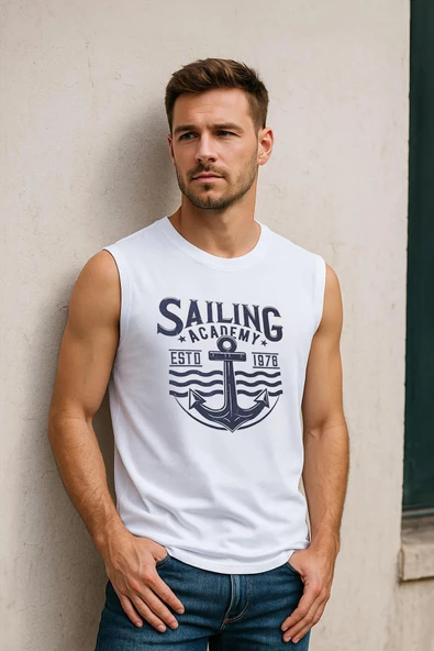 Erkek Bisiklet Yaka Baskılı Beyaz Kolsuz T-shirt - 4