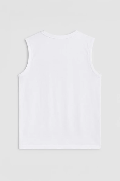 Erkek Bisiklet Yaka Baskılı Beyaz Kolsuz T-shirt - 3
