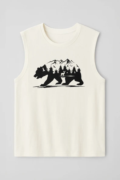 Erkek %100 Pamuk Bisiklet Yaka Bear Baskılı Kolsuz T-shirt - 2