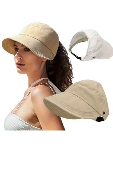 1 adet Kadın Geniş Kenarlı UV Korumalı Güneş Şapkası – Nefes Alabilen Açık Üst Tasarım | Şık Yaz & Plaj Aksesuarı | Kuyruklu Saçlar İçin Uygun | Polyester - 3