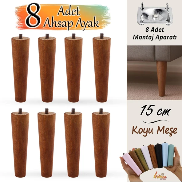 8 Adet Ahşap Ayak 15 Cm Koyu Meşe M8 Civatalı Bağlantı Aparatlı Dolap Mobilya Koltuk Kanepe Destek Ayağı Ayakları ürün görseli 1