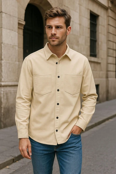 Erkek Cepli Bej Jean Gömlek