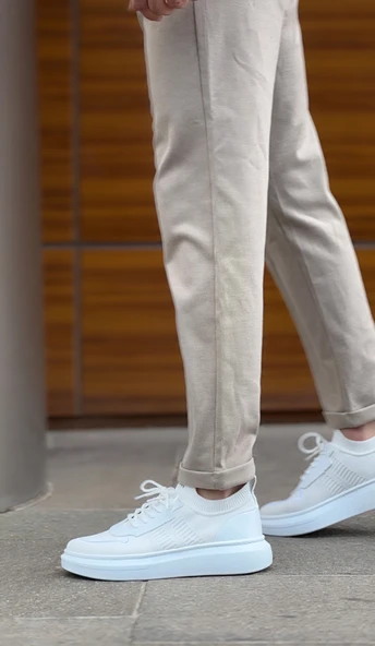 Pabucmarketi Bağcık Detaylı Triko Erkek Spor Ayakkabı BEYAZ (BEYAZ TABAN) - 6