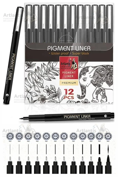 Teknik Çizim Kalemi 12 li 1 Paket Drawing Pigment Liner Eskiz Kaligrafi Kalemi Kalıcı Mürekkep Suya Dayanıklı