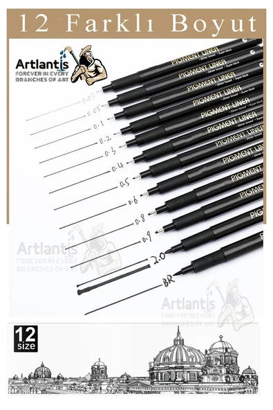 Teknik Çizim Kalemi 12 li 1 Paket Drawing Pigment Liner Eskiz Kaligrafi Kalemi Kalıcı Mürekkep Suya Dayanıklı - 2