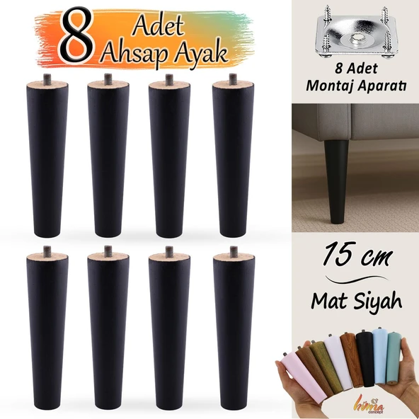8 Adet Ahşap Ayak 15 Cm Siyah M8 Civatalı Bağlantı Aparatlı Dolap Mobilya Koltuk Kanepe Destek Ayağı Ayakları ürün görseli 1