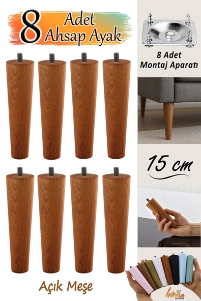 8 Adet Ahşap Ayak 15 Cm Açık Meşe M8 Civatalı Bağlantı Aparatlı Dolap Mobilya Koltuk Kanepe Destek Ayağı Ayakları ürün görseli
