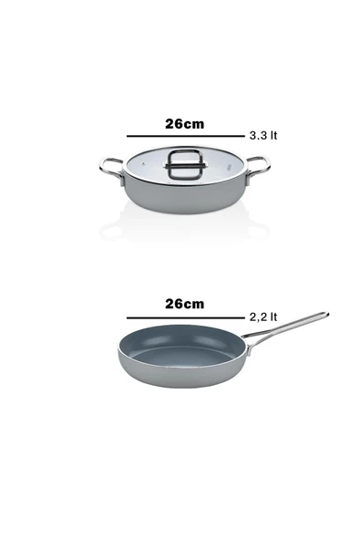3 Parça Sera Pratik Yanmaz Yapışmaz Seramik Basık Tencere Tava Seti 26 cm – Gri - 5