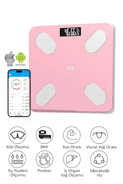 Bluetooth Uygulama Destekli Dijital Banyo Baskül 150 Kg Hassas Vücut Analizli Smart Tartı Beyaz - 5