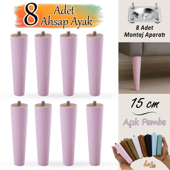 8 Adet Ahşap Ayak 15 Cm Açık Pembe M8 Civatalı Bağlantı Aparatlı Dolap Mobilya Koltuk Kanepe Destek Ayağı Ayakları ürün görseli