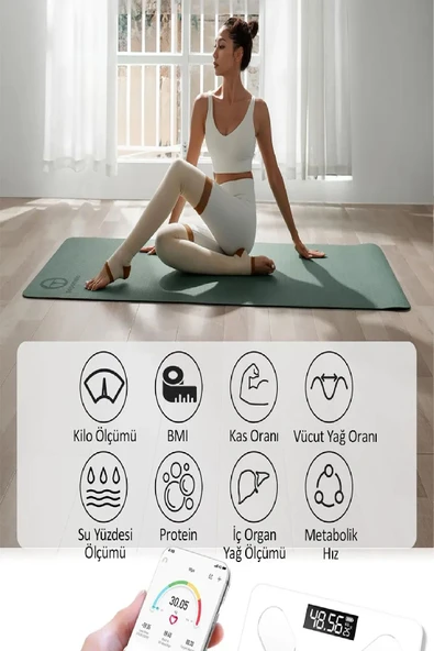 Bluetooth Uygulama Destekli Dijital Banyo Baskül 150 Kg Hassas Vücut Analizli Smart Tartı Beyaz - 3