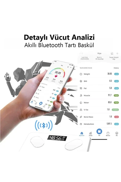 Bluetooth Uygulama Destekli Dijital Banyo Baskül 150 Kg Hassas Vücut Analizli Smart Tartı Beyaz - 4