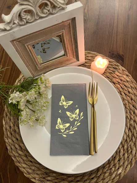 Gold Yaldızlı Gri Kelebek Yaprak Detaylı Peçete 16 Adet ürün görseli 1