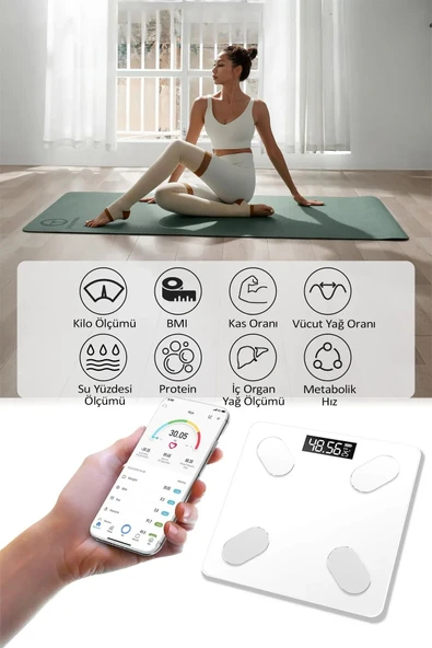 Bluetooth Uygulama Destekli Dijital Banyo Baskül 150 Kg Hassas Vücut Analizli Smart Tartı Beyaz