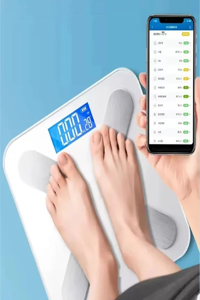 Bluetooth Uygulama Destekli Dijital Banyo Baskül 150 Kg Hassas Vücut Analizli Smart Tartı Beyaz - 2