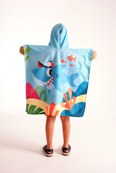 MoveBeach Unisex Çocuk Mavi Bornoz Havlu Panço - 5
