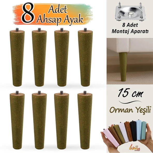 8 Adet Ahşap Ayak 15 Cm Orman Yeşili M8 Civatalı Bağlantı Aparatlı Dolap Mobilya Koltuk Kanepe Destek Ayağı Ayakları ürün görseli 1