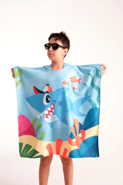 MoveBeach Unisex Çocuk Mavi Bornoz Havlu Panço - 2