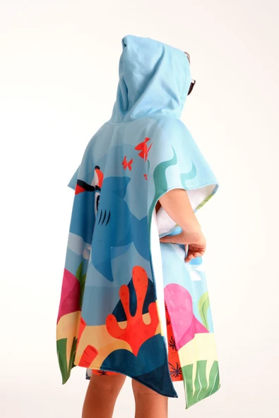 MoveBeach Unisex Çocuk Mavi Bornoz Havlu Panço - 6