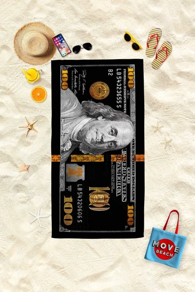 MoveBeach Siyah Dolar Desenli Plaj Havlusu, Banyo Havlusu