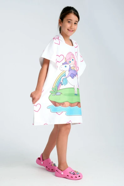 MoveBeach Kız Çocuk Pembe Bornoz Havlu Panço - Resim 2