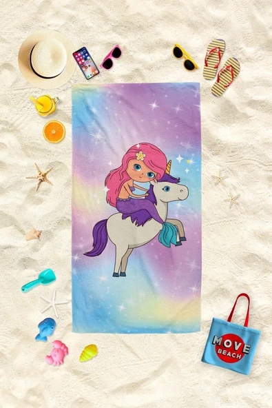 MoveBeach Unicorn Desenli Çocuk Plaj Havlusu, Banyo Havlusu