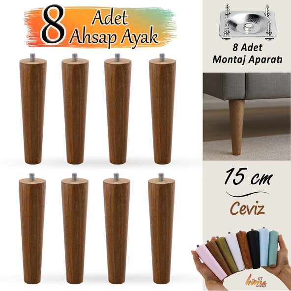 8 Adet Ahşap Ayak 15 Cm Ceviz M8 Civatalı Bağlantı Aparatlı Dolap Mobilya Koltuk Kanepe Destek Ayağı Ayakları
