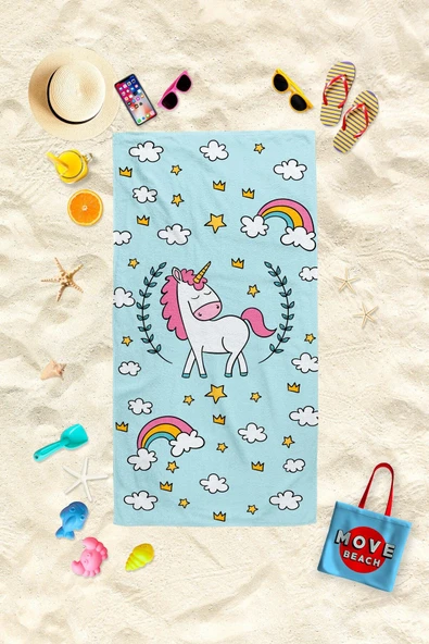MoveBeach Unicorn Desenli Çocuk Plaj Havlusu, Banyo Havlusu - 1