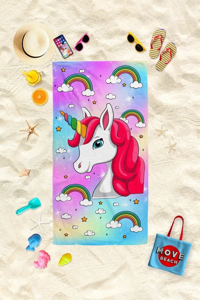 MoveBeach Unicorn Desenli Çocuk Plaj Havlusu, Banyo Havlusu ürün görseli