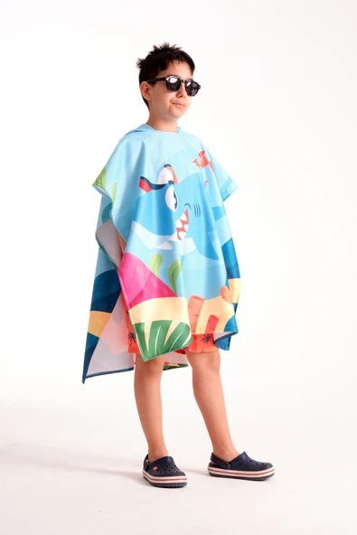 MoveBeach Unisex Çocuk Mavi Bornoz Havlu Panço