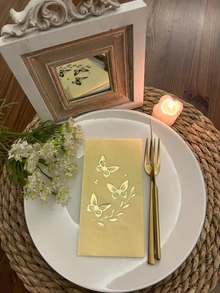 Gold Yaldızlı Sarı Kelebek Yaprak Detaylı Peçete 16 Adet ürün görseli 1