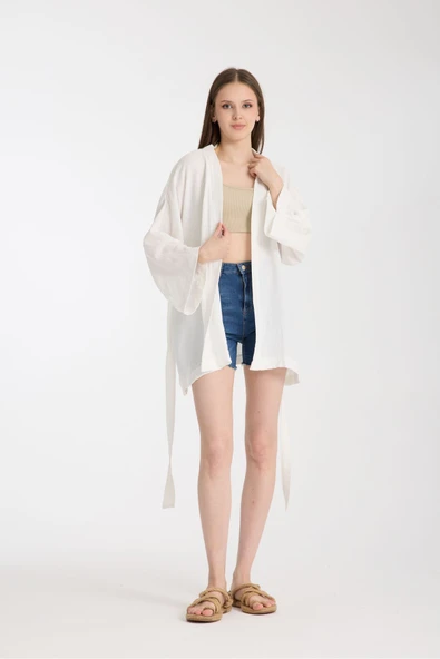 MoveBeach İki Katlı Müslin kumaş Kimono pareo kısa boy - 3